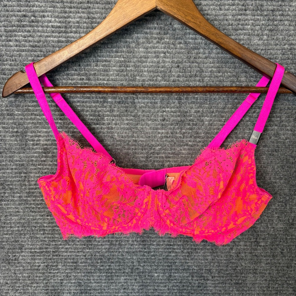 Victoria's Secret Very Sexy Unlined Lace Bra 36D Neon Pink Orange Underwire NWT